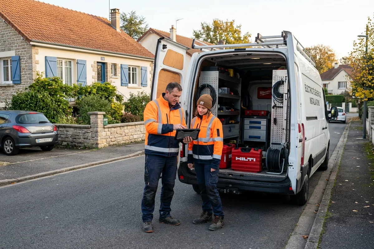 Équipe de techniciens préparant la pose de borne de recharge à Lentilly Équipe de techniciens préparant la pose de borne de recharge à Lentilly